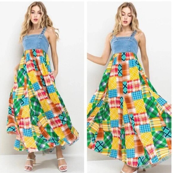 Denim Multi Fabric Pleated Suspender Maxi Dress (brand new) - S - Picture 1 of 14